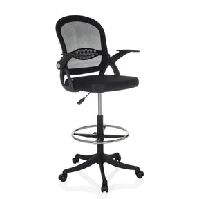 Chaise de comptoir Naluro Work noire avec dossier en maille, repose-pieds et roulettes de hjh OFFICE