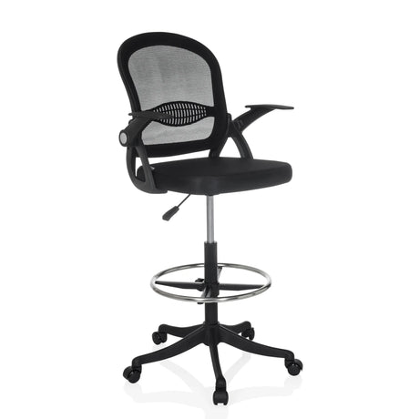 Chaise de comptoir Naluro Work noire avec dossier en maille, repose-pieds et roulettes de hjh OFFICE