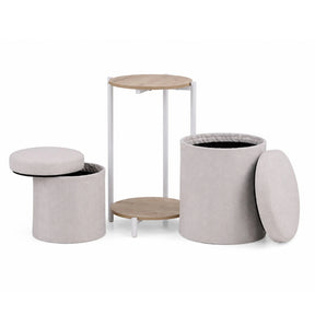 Table d'appoint Nestup 1 en blanc et chêne avec tabouret intégré revêtu de tissu beige de hjh LIVING