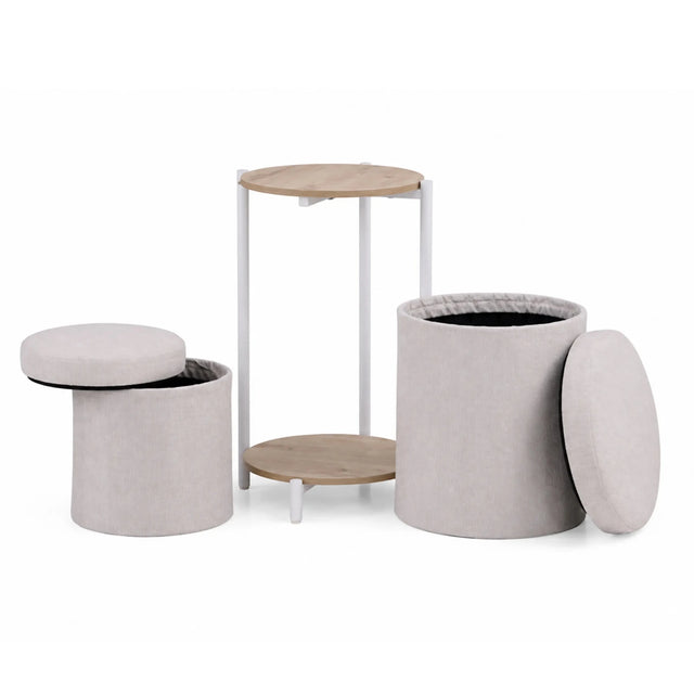 Table d'appoint Nestup 1 en blanc et chêne avec tabouret intégré revêtu de tissu beige de hjh LIVING