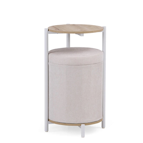 Table d'appoint Nestup 1 en blanc et chêne avec tabouret intégré revêtu de tissu beige de hjh LIVING