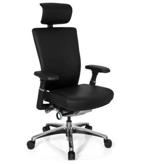 Siège de bureau de qualité professionnelle NOVA avec revêtement en cuir noir, appui-tête et base chromée de hjh OFFICE