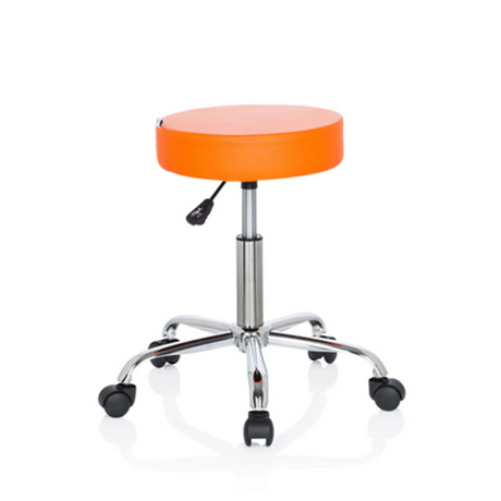 Tabouret pivotant OPERATOR II orange avec structure en chrome brillant et cinq doubles roulettes de hjh OFFICE