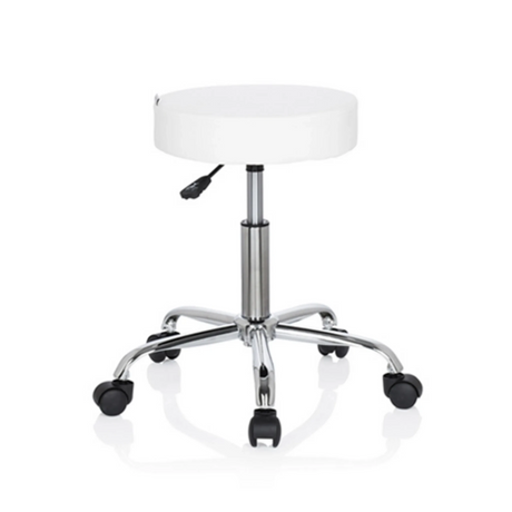 Tabouret pivotant blanc OPERATOR II avec structure métallique brillante et cinq roulettes de hjh OFFICE
