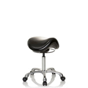 Tabouret de selle ORTHO SIT noir avec assise rembourrée et piètement cruciforme chromé sur roulettes de hjh OFFICE