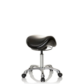 Tabouret de selle ORTHO SIT noir avec assise rembourrée et piètement cruciforme chromé sur roulettes de hjh OFFICE