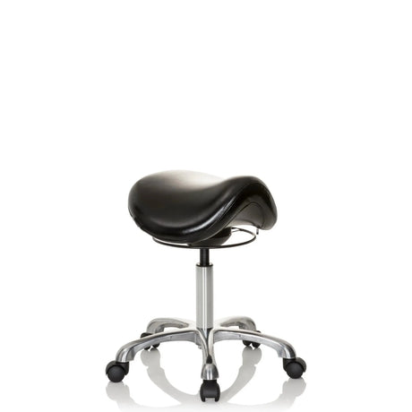 Tabouret de selle ORTHO SIT noir avec assise rembourrée et piètement cruciforme chromé sur roulettes de hjh OFFICE