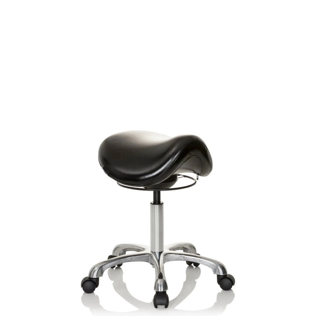 Tabouret de selle ORTHO SIT noir avec assise rembourrée et piètement cruciforme chromé sur roulettes de hjh OFFICE