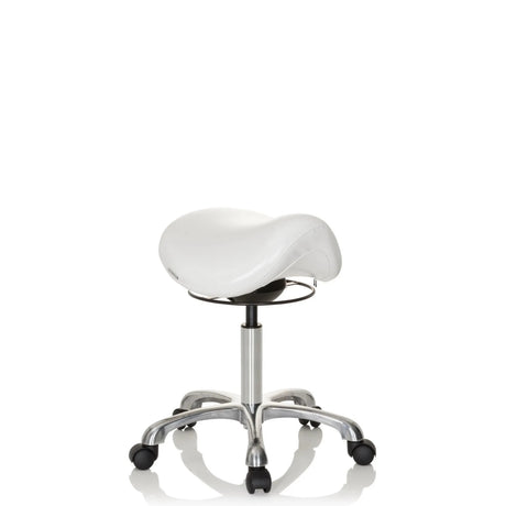 Tabouret de selle ORTHO SIT blanc avec piètement en étoile chromé et cinq roulettes de hjh OFFICE