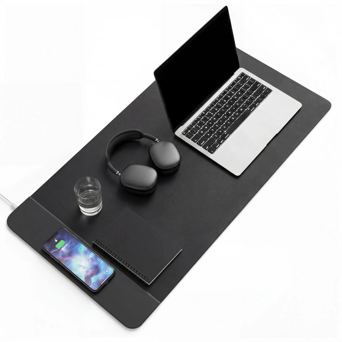 Sous-main de Bureau Padflux Power en noir avec ordinateur portable, casque et carnet de hjh OFFICE