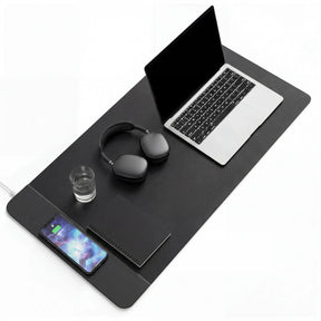 Sous-main de Bureau Padflux Power en noir avec ordinateur portable, casque et carnet de hjh OFFICE