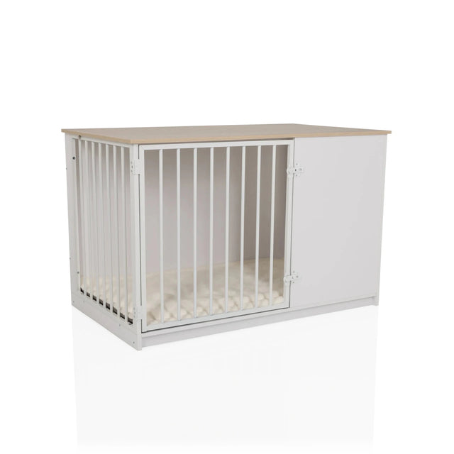 Niche pour chien PAWHOME XL en blanc et chêne avec porte à grille et surface de couchage claire de hjh LIVING