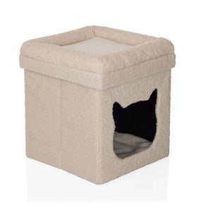 Maison pour chat PAWY ES beige en tissu fluffy avec entrée en forme de chat de hjh LIVING