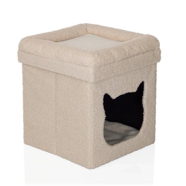 Maison pour chat PAWY ES beige en tissu fluffy avec entrée en forme de chat de hjh LIVING