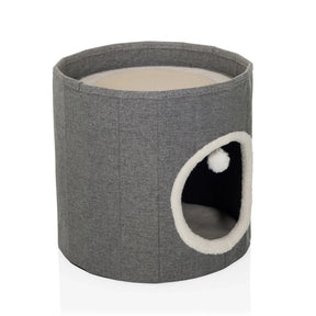 Grotte pour chat PAWY R grise avec un bord blanc doux à l'entrée et une petite balle de jeu de hjh LIVING