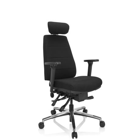 Siège de bureau de qualité professionnelle PHOENIX PRO I avec revêtement en tissu noir, appui-tête et pied argenté de hjh OFFICE