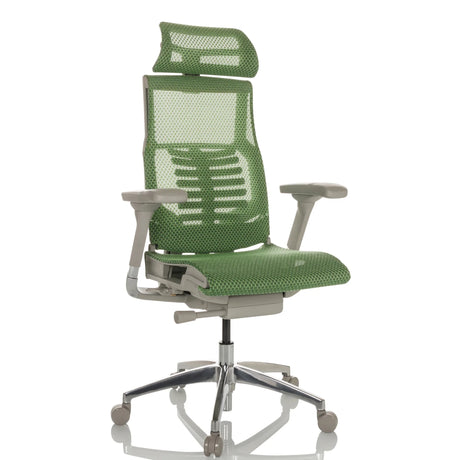 Siège de bureau haut de gamme POFIT G GEN2 avec revêtement en maille verte, appui-tête et piètement argenté de hjh OFFICE