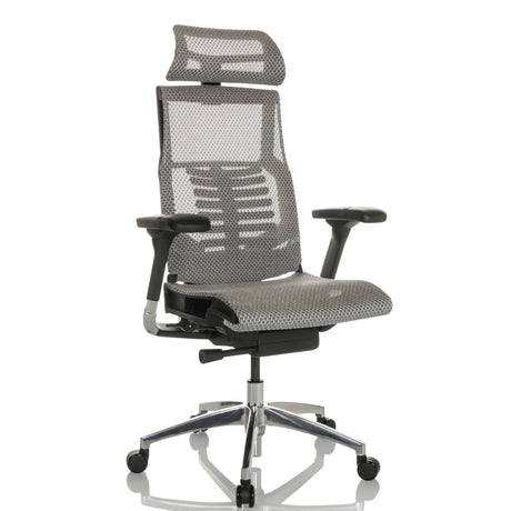 Siège de bureau haut de gamme POFIT GEN2 en gris clair avec revêtement en maille et appui-tête de hjh OFFICE