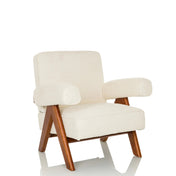 Fauteuil de salon POOLY blanc avec revêtement en tissu structuré et pieds en bois marron de hjh LIVING