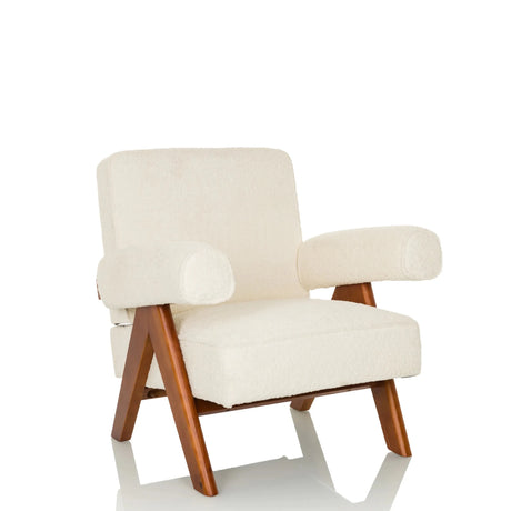 Fauteuil de salon POOLY blanc avec revêtement en tissu structuré et pieds en bois marron de hjh LIVING