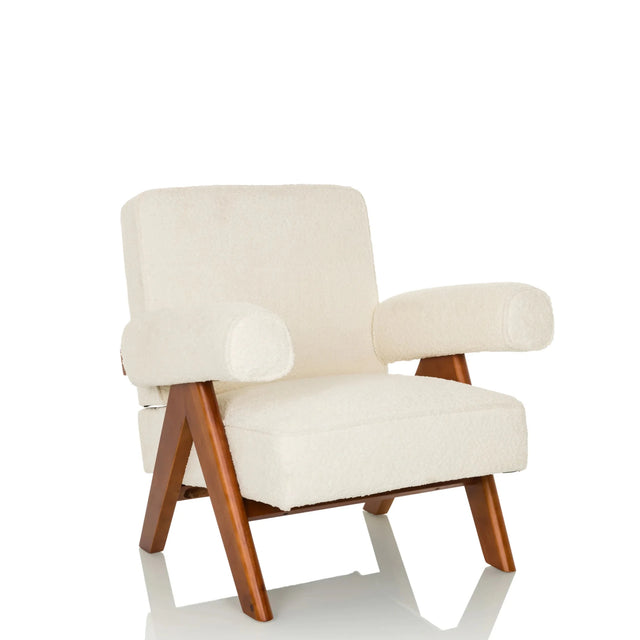 Fauteuil de salon POOLY blanc avec revêtement en tissu structuré et pieds en bois marron de hjh LIVING