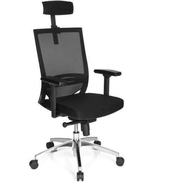 Siège de bureau de qualité professionnelle PORTO MAX HIGH avec revêtement en maille noire, appui-tête et pied argenté de hjh OFFICE