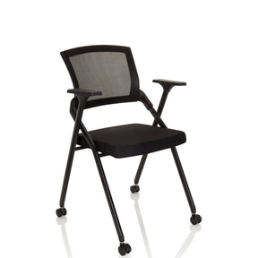 Chaise pliante PRIORITY II noire avec dossier en maille, accoudoirs et roulettes de hjh OFFICE