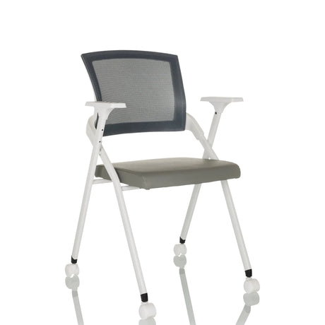 Chaise pliante PRIORITY II W PU grise avec dossier en maille, accoudoirs et roulettes de hjh OFFICE