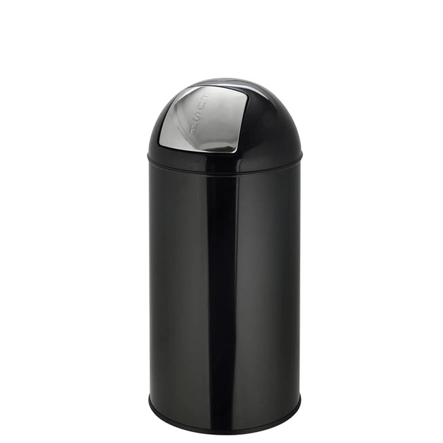 Poubelle PUSH 35L noire avec surface brillante et couvercle à pression argenté de hjh OFFICE