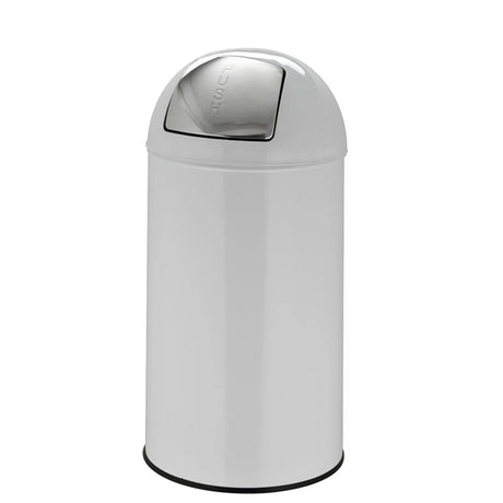 Poubelle PUSH 50L blanche avec surface brillante et couvercle push argenté de hjh OFFICE