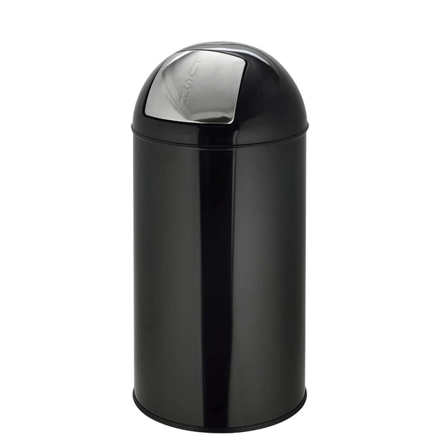 Poubelle PUSH 50L noire avec surface brillante et couvercle à pression argenté de hjh OFFICE