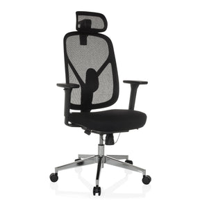 Siège de bureau de qualité professionnelle RALOO PRO avec revêtement en maille noire et appui-tête sur pied argenté de hjh OFFICE