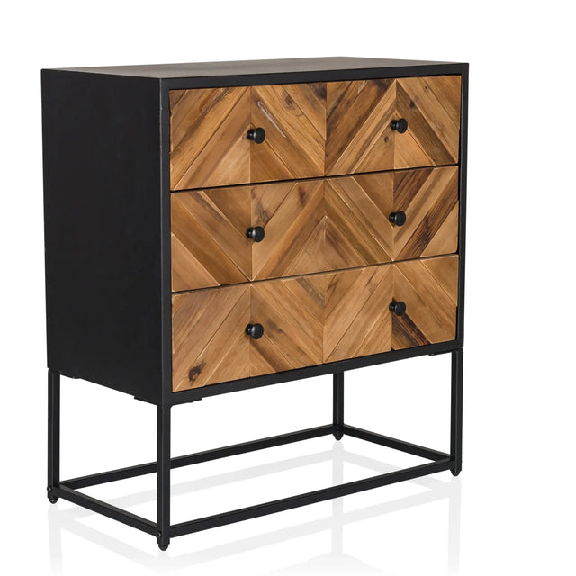 Buffet SANTJAGO BLACK SUN L avec tiroirs couleur bois aspect chevron et structure en métal noir de hjh LIVING