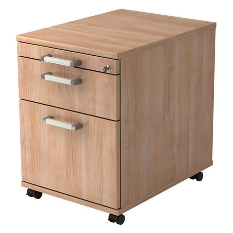 Caisson bureau sur roulettes SIGNA AC20 aspect noyer avec trois tiroirs, poignées chromées et roulettes de hjh OFFICE PRO