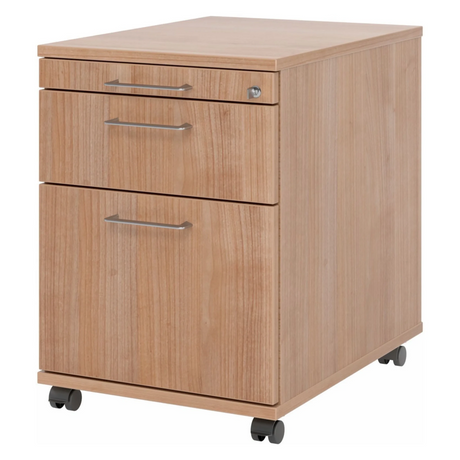 Caisson bureau sur roulettes SIGNA AC20 aspect noyer avec trois tiroirs et poignées métalliques en boucle de hjh OFFICE PRO