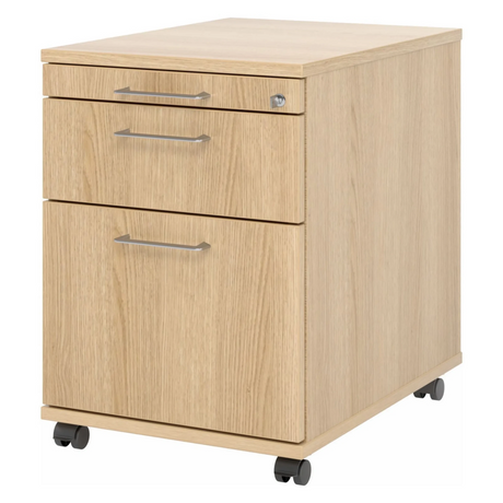 Caisson bureau sur roulettes SIGNA AC20 aspect chêne avec trois tiroirs, poignées en métal et roulettes de hjh OFFICE PRO