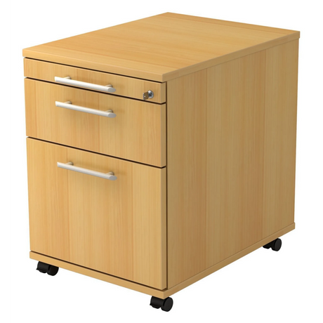 Caisson bureau sur roulettes SIGNA AC20 aspect hêtre avec trois tiroirs, poignées tubulaires et roulettes de hjh OFFICE PRO