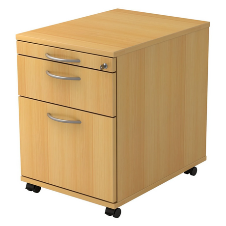 Caisson bureau sur roulettes SIGNA AC20 aspect hêtre avec trois tiroirs, poignées incurvées et roulettes de hjh OFFICE PRO