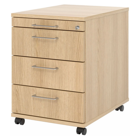 Caisson bureau sur roulettes SIGNA AC30 aspect chêne avec quatre tiroirs et poignées en métal argenté de hjh OFFICE PRO