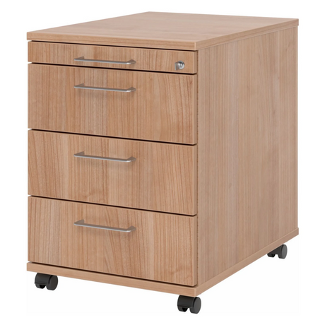 Caisson bureau sur roulettes SIGNA AC30 aspect noyer avec quatre tiroirs et poignées en arche de hjh OFFICE PRO
