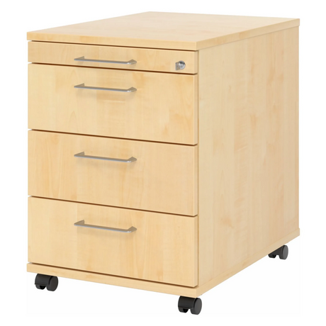 Caisson bureau sur roulettes SIGNA AC30 en bois d'érable clair avec quatre tiroirs et poignées métalliques de hjh OFFICE PRO