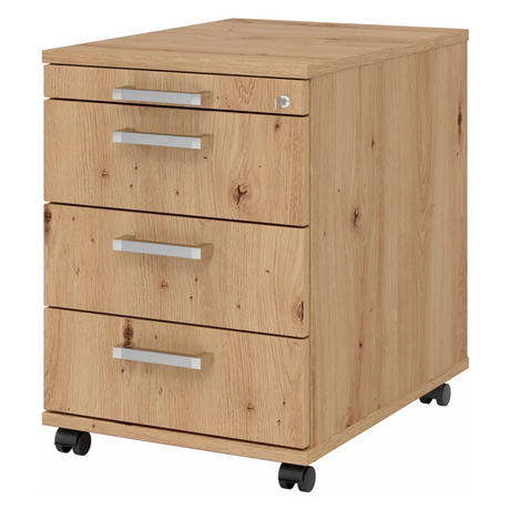 Caisson bureau sur roulettes SIGNA AC30 aspect chêne aster avec trois tiroirs et poignées chromées de hjh OFFICE PRO