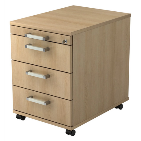 Caisson bureau sur roulettes SIGNA AC30 aspect chêne avec quatre tiroirs, poignées chromées et roulettes de hjh OFFICE PRO