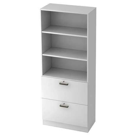 Étagère blanche SIGNA G 7300 avec trois niches ouvertes et deux tiroirs avec poignées rayées de hjh OFFICE PRO