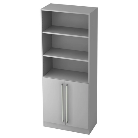 Étagère grise SIGNA G 7700 avec trois tablettes ouvertes et un placard inférieur avec poignées chromées de hjh OFFICE PRO