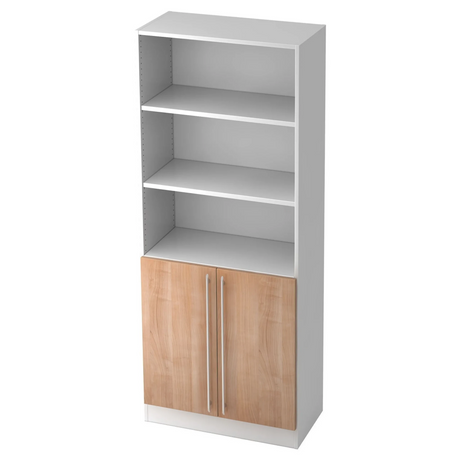 Étagère SIGNA G 7700 en blanc et aspect noyer avec trois compartiments ouverts et un placard de hjh OFFICE PRO