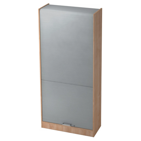 Armoire de bureau SIGNA R 90 en noyer et argent avec fermeture de porte coulissante à lamelles métalliques argentées de hjh OFFICE PRO
