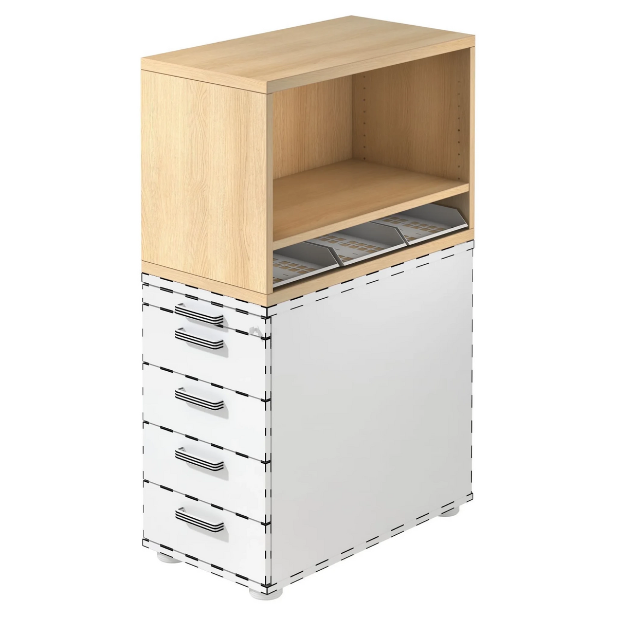 Caisson stationnaire SIGNA SCA1 aspect chêne avec corps blanc, cinq tiroirs et un compartiment ouvert de hjh OFFICE PRO