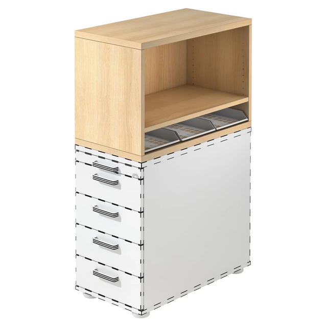 Caisson stationnaire SIGNA SCA1 aspect chêne avec corps blanc, cinq tiroirs et un compartiment ouvert de hjh OFFICE PRO