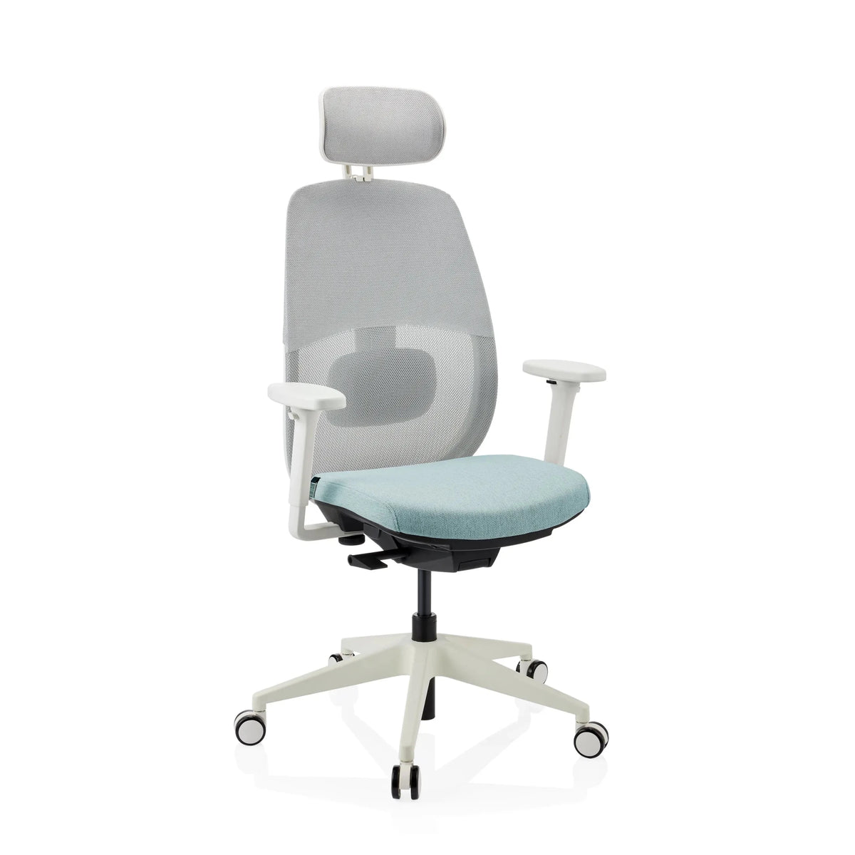 Siège de bureau de qualité professionnelle Skandis Pro avec assise vert menthe, dossier en maille grise et appui-tête de hjh OFFICE